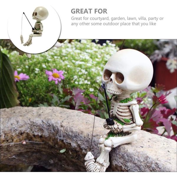 Fiskeskallefigurer Skjelettfiskerstatue Resin Miniatyr Halloween Fe Hage Dam Statue Samleobjekter for Yard Lawn Pond Pool