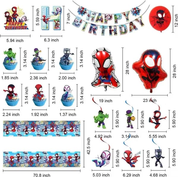 Bursdagsdekorasjoner med Spiderman-tema, kaketopper, bursdagsflagg og ballonger