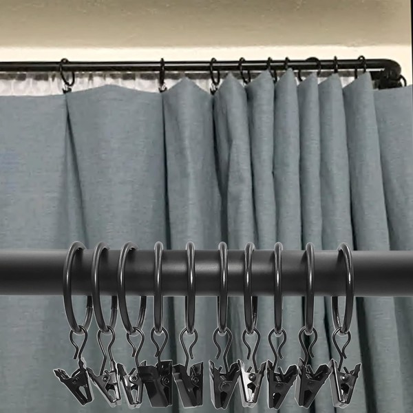 40-pack svarta gardinringar med klämmor, gardinkrokklämringar för att hänga gardinbågehattar, 1,26 tum I.D. Passar gardinstänger upp till 1 tums diameter