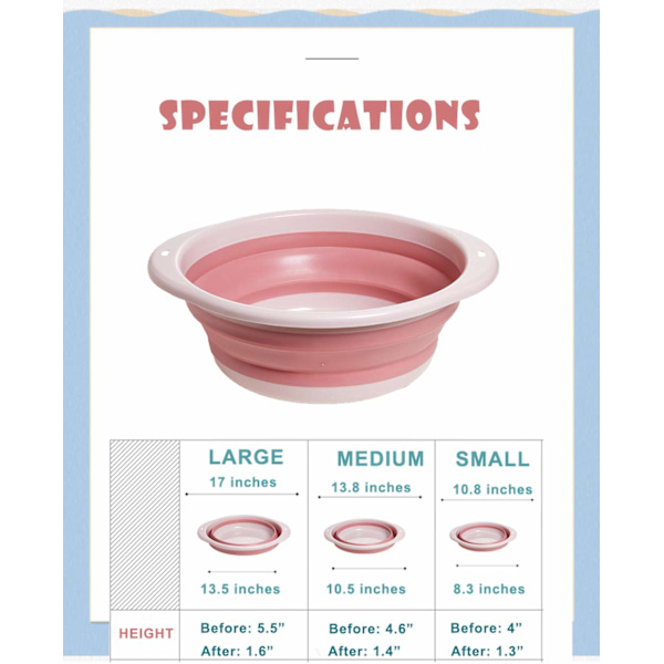 3-pack hopfällbar tvättfat set, baby barn tvättfat diskho för resor hem, 3 olika storlekar set platsbesparande rosa