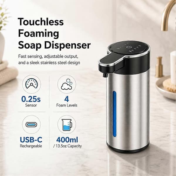 Automatisk skummende såpedispenser berøringsfri, 304 rustfritt stål håndsåpedispenser, USB oppladbar, 400 ml (13,5 oz)