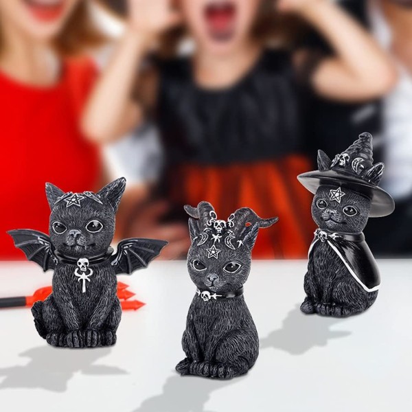 Svart Katter Resin Statue, Maskert Vinget Magisk Katt Skulptur Hagedekorasjon Grim Reaper Katt Figur Plen Ornament Halloween Dekor for Utendørs