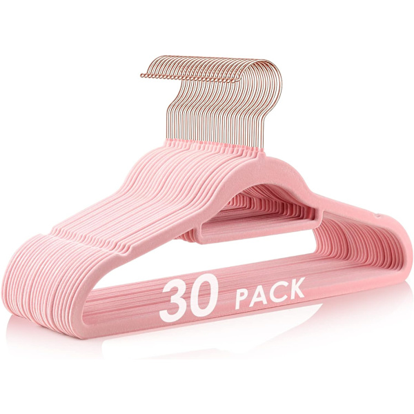 Fløjlsbøjler Skridsikre Filtbøjler, 30 Pakke Rosa Fløjlsbøjler Tøj Bøjler Pladsbesparende Slanke Bøjler med Rose Gold Svingbar Krog