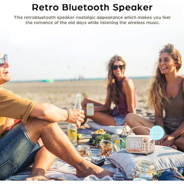 Retro bärbar trådlös Bluetooth-högtalare med väckarklocka Volym Bluetooth 5.0, stödjer TF-kort U-disk AUX för kök sovrum, hem och utomhus (vit)