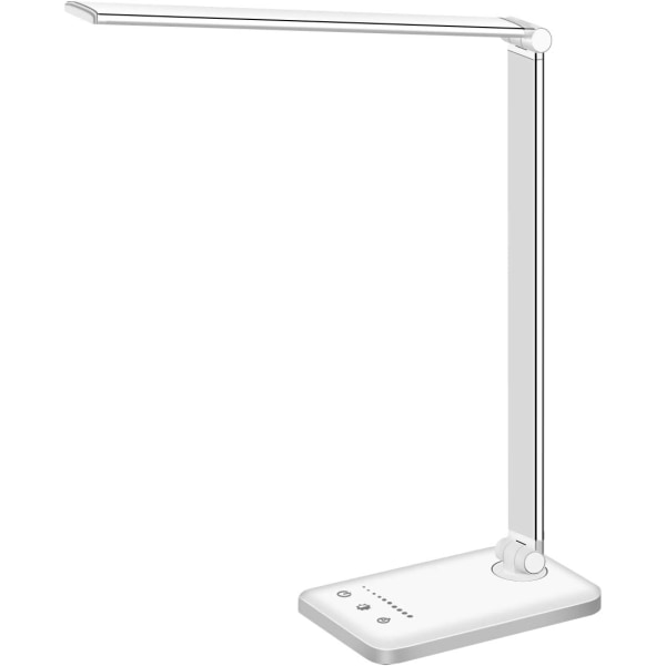 LED-skrivebordslampe, dimbar bordlampe, leselampe med USB-ladeport, 5 lysmoduser, følsom kontroll, 30/60 minutters automatisk avstengningstimer (hvit)