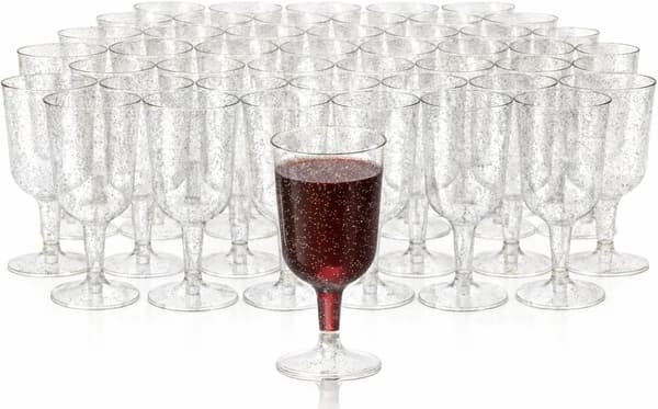 Matana - 48-pack multifunktionella klara vinglas i plast för bröllopsdag, trädgårdsgrillfest - 180 ml silver glitter 48-pack