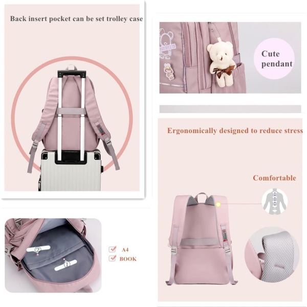 Kawaii-ryggsäck för flickor med hängsmycken och nålar Tonåringar Enfärgad bokväska Grundskoleelever Dagsäck Söt utomhusreseväska
