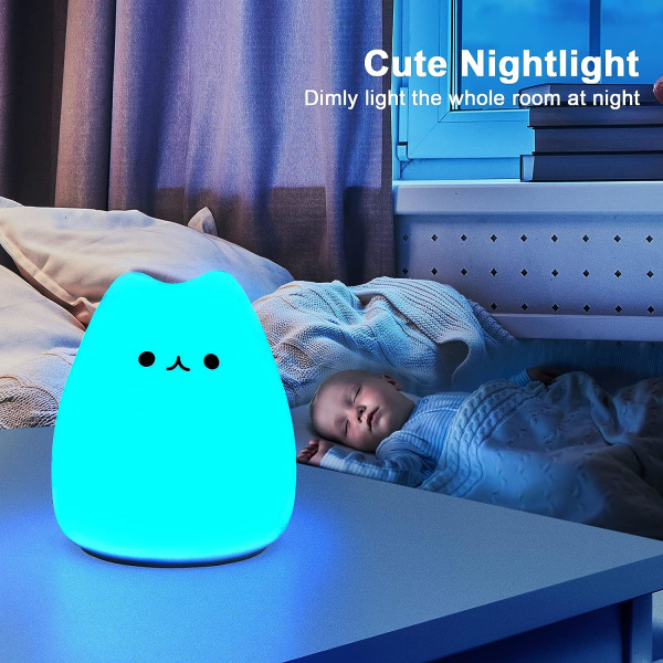 LED nattlampa för katt, batteridriven silikon Söt kattbarnslampa med varmvitt och 7-färgs andningslägen för barn Baby