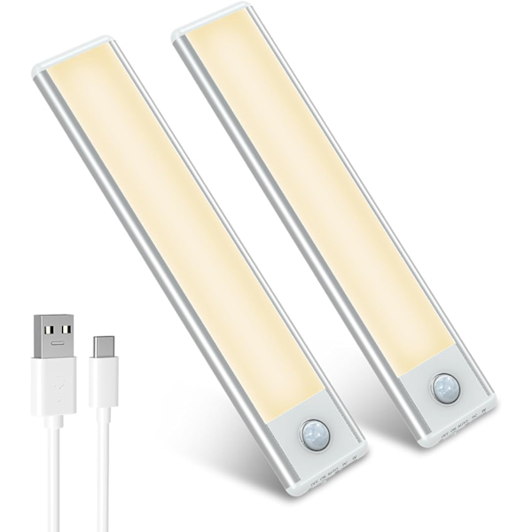 Nyeste bevegelsessensor skaplys, 2-pakning 30-LED trådløs USB oppladbar under skapbelysning, under skaplys (varm hvit)