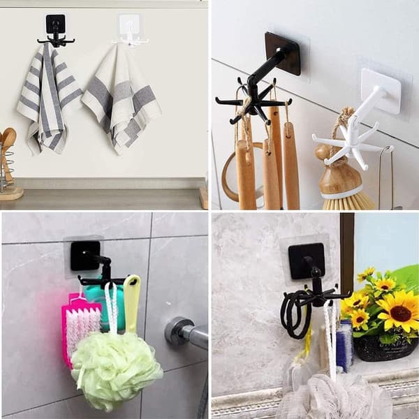 6-pack Black Self-Adhesive Hooks - 360° Rotatable Kitchen & Bathroom Organizer for Utensils, Towels & Tools with Rotating Vertical Hooks