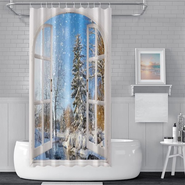 Vinter snöig duschdraperi, fönsterutsikt blå himmel vinter julgran flod natur snöig scen badgardiner för semester 71\" x 71\"