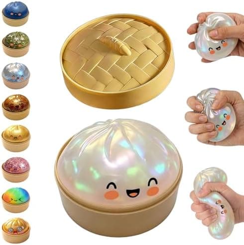 Glitter Dumpling Squishy, Dumpling Squishies, Glitter Dumpling Mystery Box, Farverige Dumpling Stressbolde Fidget, Jumbo Squishy Legetøj med Damperkasse Sæt Glitter White
