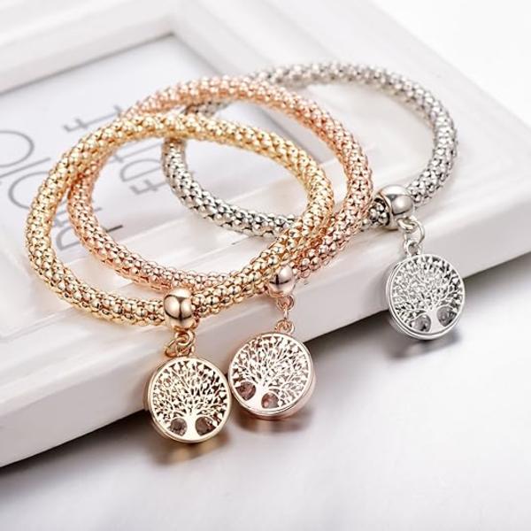 Kristallberlocker Flerskiktade Armband - 3PCS Guld/Silver/Roséguld Majs Kedjearmband för Kvinnor, Livets Träd Hjärtformad Stretch Armband