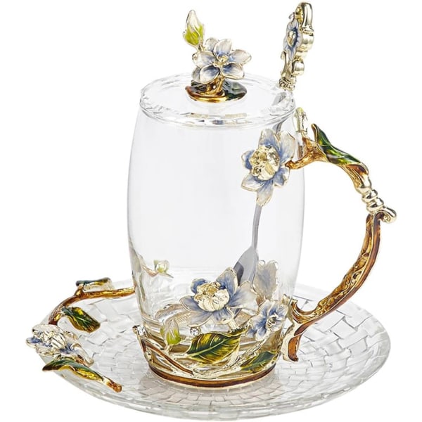 Unikke tekopper Mors dags gave emaljer blomster glas kaffekrus med ske jasmin kopper fødselsdag julegave til kvinder 12oz