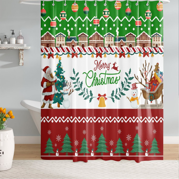 Rød og grøn julebruseforhæng, glædelig jul julemand snemand juletræ gaver bruseforhæng, 72 x 72 tommer