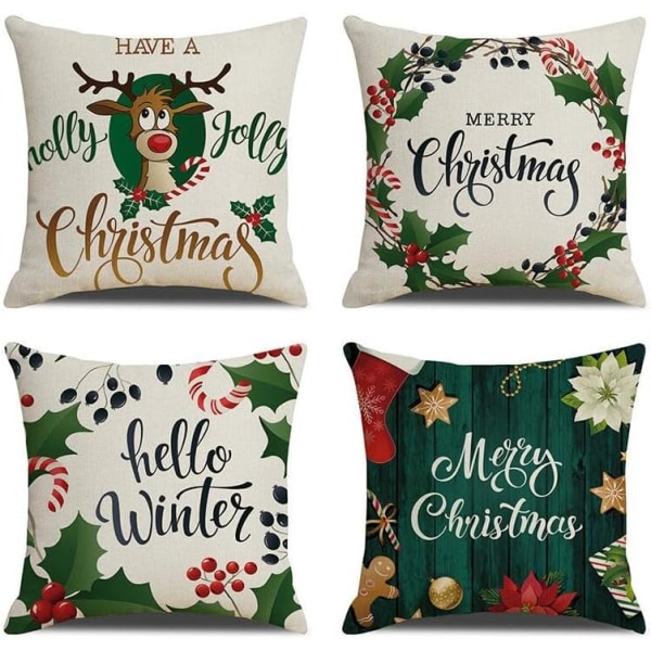 4PCS Merry Christmas Throw Pillow Covers Santa Claus Gifts Xmas Tree Square Pillow Cases Linen Zipper Cushion Case (18x18 inches)