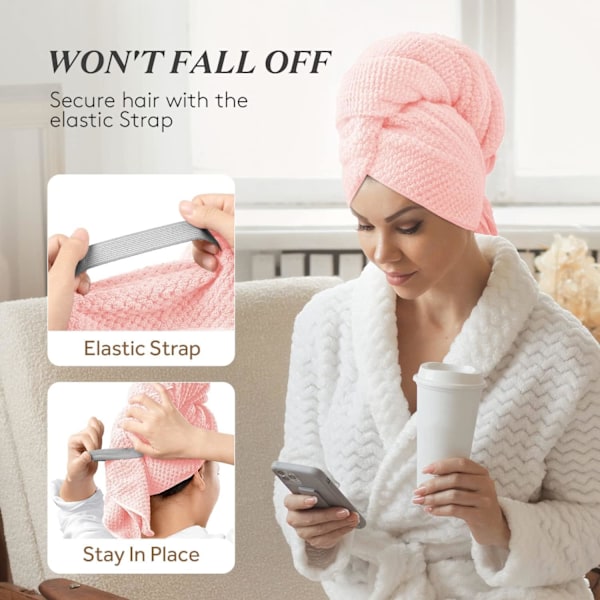 Suuri mikrokuitupyyhe naisille, anti-frizz pyyhe kuminauhalla | Erittäin imukykyinen | Speed ​​Pyyhe Pink