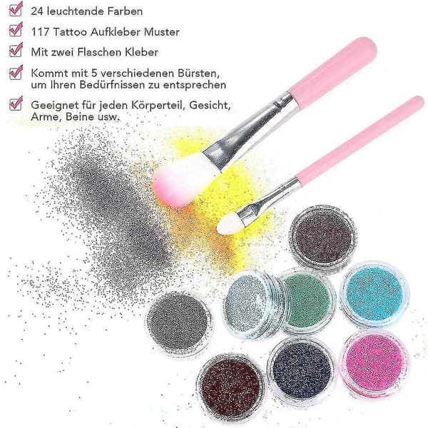 Glittertatuointisetti - 24 glitterputkea & 125 sabluunaa & 2 liimaa & 5 sivellintä