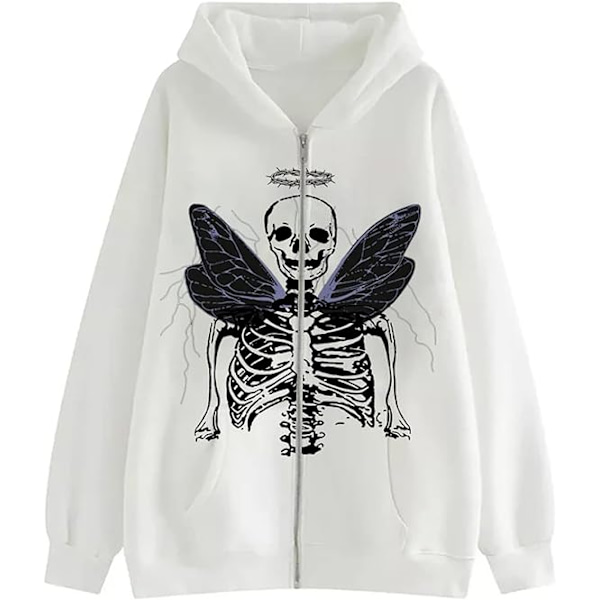 Dame Full Zip Up Hoodie Halloween Langærmet Grafisk Jakke Goth Sweatshirt Pige Gadetøj (Farve: Hvid. Størrelse: XL)
