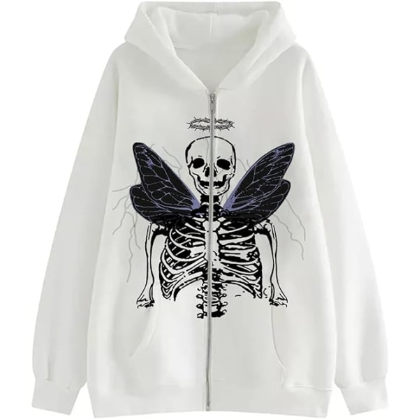 Dame Full Zip Up Hoodie Halloween Langærmet Grafisk Jakke Goth Sweatshirt Pige Streetwear (Farve: Hvid. Størrelse: S)