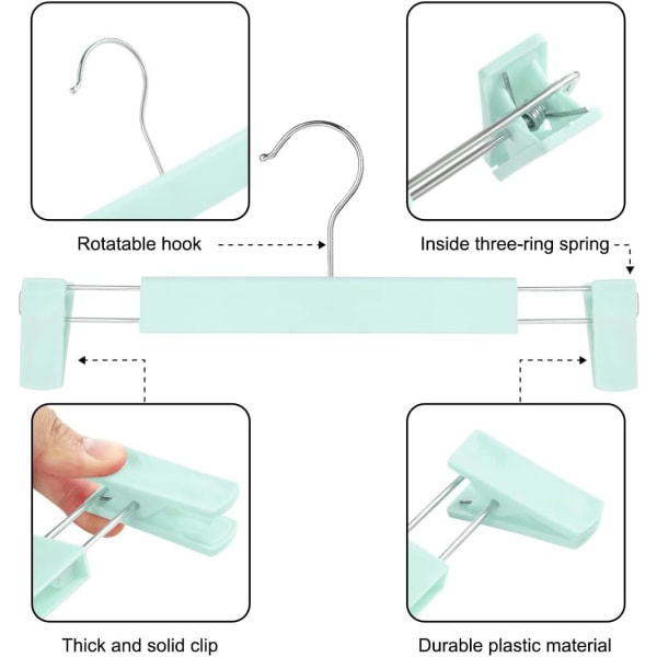 Tilaa säästävät hamepidikkeet 360 ° pyörivillä koukuilla, säädettävillä pidikkeillä, housuripustimilla, vaatteiden takkiripustimilla (10 pakkausta, vihreä)