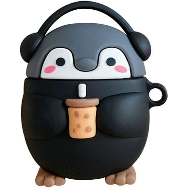 Sød Kawaii Holder Mælkete Kop Nyder Musik Headset Pingvin Earphone Etui til AirPods 1/2, Blød Gummi Silikone -Sort