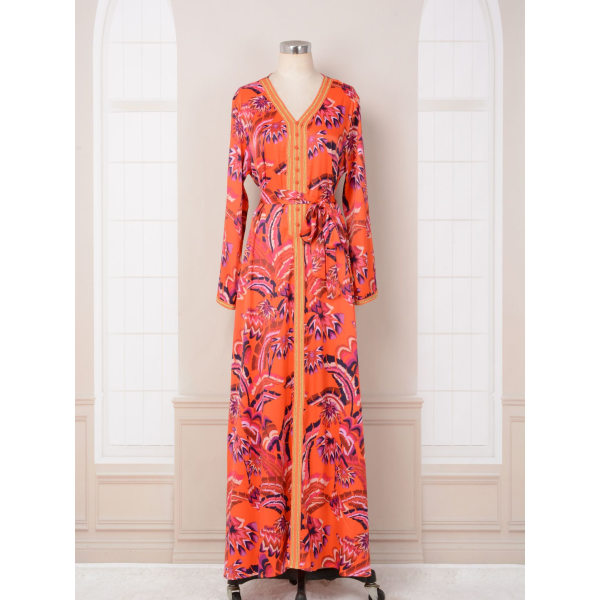 Broderad klänning för kvinnor Elegant och printed färgad slät och bekväm klänning (orange, L) Orange L