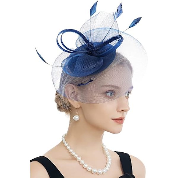 Fascinator til kvinder til te-selskab, kirke, cocktail, fjer, slør, pandebånd med hårklemme