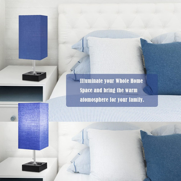 3-Farvet Bedside Lampe med USB Port og AC Stikkontakt Bordlamper til Soveværelse Natbordlamper med Blå Skærm Sort Metal Bedlampe