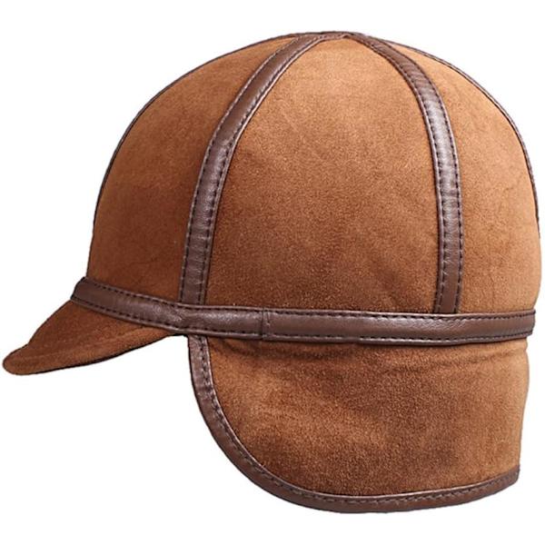 Hattar Herr Vinter Varma Öronskydd Bomber Mössa Man Äkta Läder Inuti Fårskinn Snö Mössor,Brun（Storlek：XL,57-58CM）