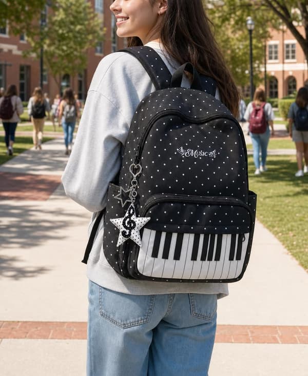 Piano Backpack Playful Twee Backpack Y2k Cute Daypack Medium School Bag Cutecore Accessories (Beige)