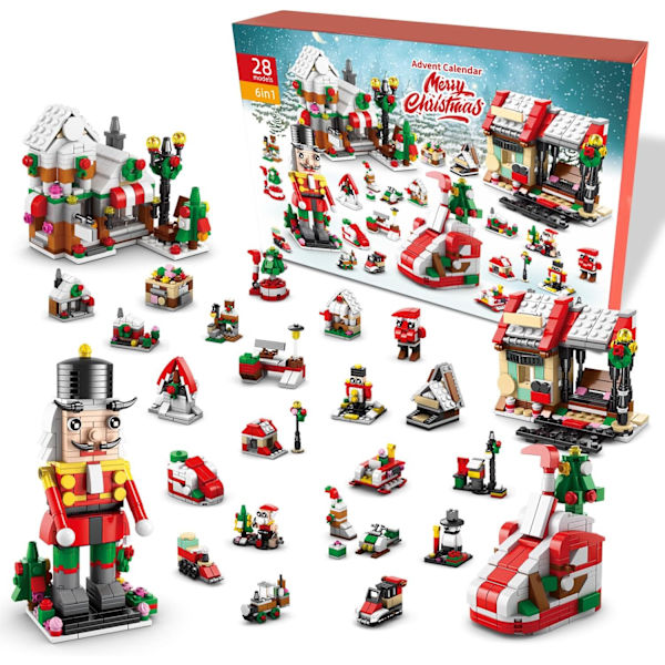Joulukalenteri Rakennussarja 2023 - Countdown Playset 24 Keräiltävää Yllätystä, 1099 Kpl Joululelu Puu Mökki Joulupukki (HY1001)