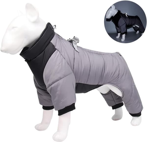 Winter jacket, four-legged dog coat, warm fleece jacket, reflective high-collar coat with harness.