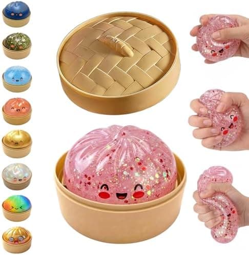 Glitter Dumpling Squishy, Dumpling Squishies, Glitter Dumpling Mystery Box, Farverige Dumpling Stressbolde Fidget, Jumbo Squishy Legetøj med Damperkasse Sæt Glitter Pink