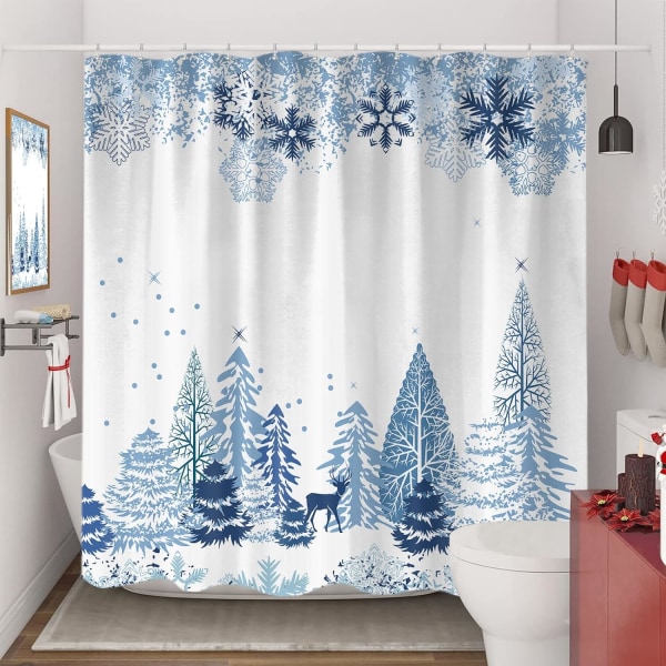 Blå jul snöflinga duschdraperi, vinterskog rådjur tyg duschdraperier set för badrum dekoration med krokar 72 X 72 tum