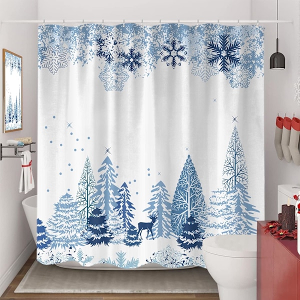 Blå julsnöflinga duschdraperi, vinterskog hjort tyg duschdraperier set för badrumsdekoration med krokar 72 X 72 tum
