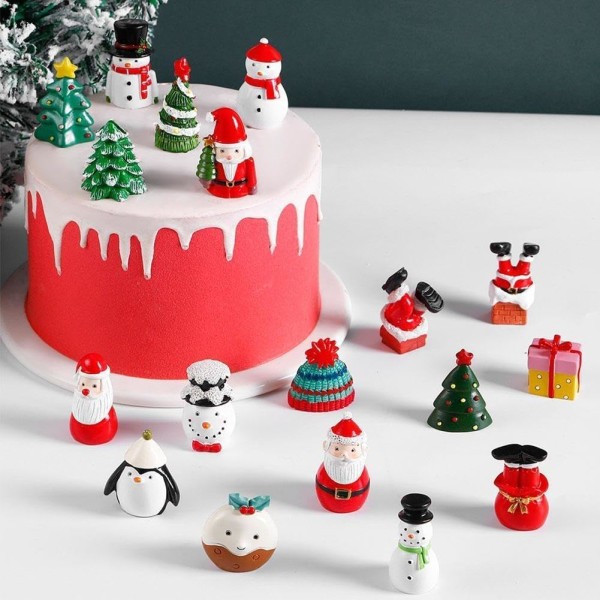 Miniatyr juledekorasjon i harpiks, mikrolandskap, julenisse, snømann, juletrepynt, figur, miniatyrhagedekorasjon
