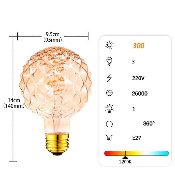 3W 220V E27 Diamant LED Filamentpære 2200K Varm Dekorativ Belysning