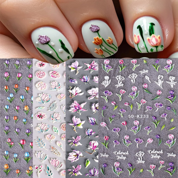 4 ark 5D-präglade blomma nagelklistermärken för nail art , självhäftande nail art med färgglada franska blommönsterdekaler