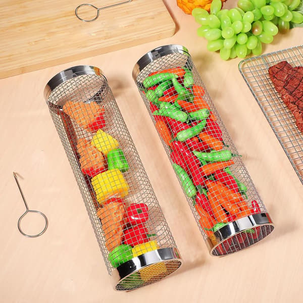 1/2 pcs Rolling Grill Baskets - Best Grill Basket Ever, Round Stainless Steel Grill Mesh 20 x 9cm 2pcs