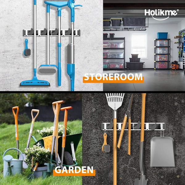 Mop og kost holder vægmontering metal pantry organisering og opbevaring have køkken værktøj (4 positioner med 4 kroge, sort)