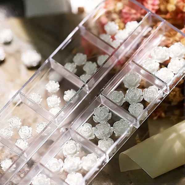 Valkoinen ruusu kukka kynsikoristeet 3D akryyli ruusu Kawaii söpöt kynsikoristeet sekoitetut helmi kynsikristallit strassit jalokivet kynsitaide tee-se-itse ystävänpäivä korut A