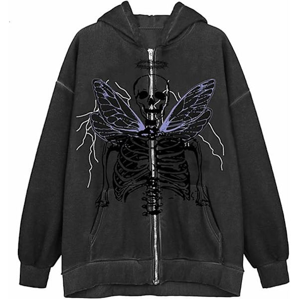Dame Full Zip Up Hoodie Halloween Langærmet Grafisk Jakke Goth Sweatshirt Pige Gadetøj (Farve: Mørkegrå, Sort. Størrelse: XL)