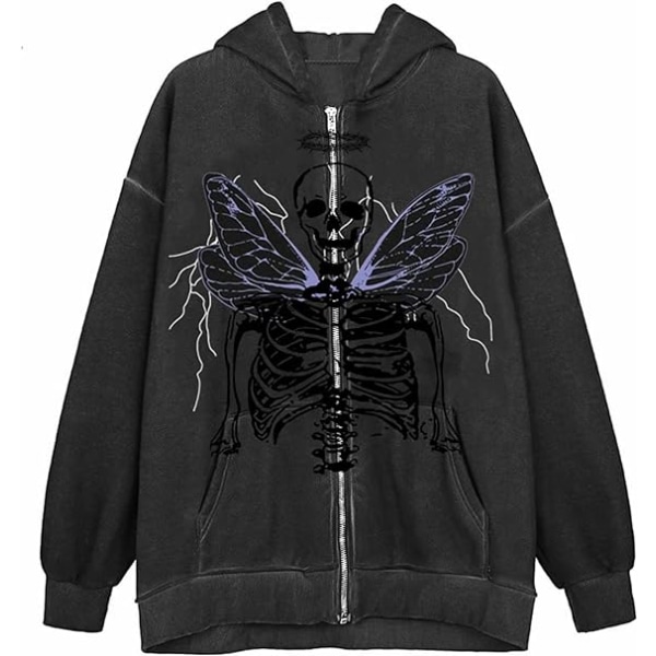 Kvinners Full Zip Up Hoodie Halloween Lang Ermet Grafisk Jakke Goth Genser Jente Streetwear (Farge: mørk grå, svart. Størrelse: XXL)