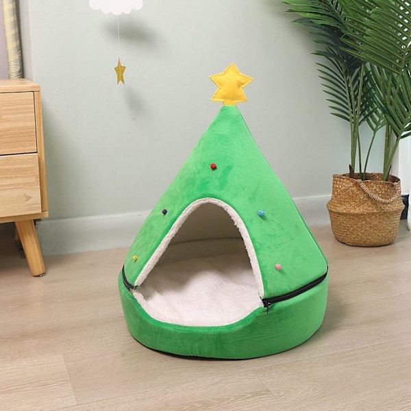 Kattbädd Julgran Katt Tält Hus Självvärmning 2 i 1 Avtagbar Bekväm Triangel Husdjur Tipi Jul Hundgrotta på vintern (Grön)