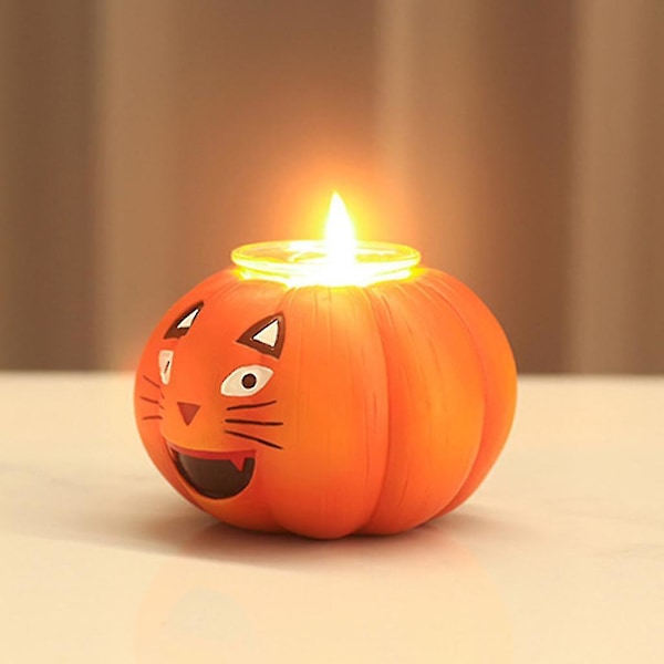 Halloween Katteansikt Gresskar Lysestake Lys Lampe Lysestake Resin Kunst Håndverk Skrivebord Atmosfære Dekor