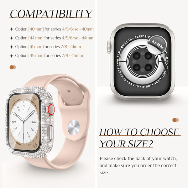 Goton 2 in 1 vedenpitävä bling-kotelo Apple Watch 40mm näytönsuojalle SE (2. sukupolvi) Series 6 5 4, täysi glitter-timantti-reunukset kasvosuojus