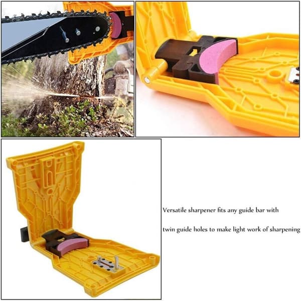 Chainsaw Sharpener. Automatic Sharpener (1 pc). Replaceable Grinding Stone (3 pcs). Adjustable Guide Bar with 2 Guide Holes (yellow)
