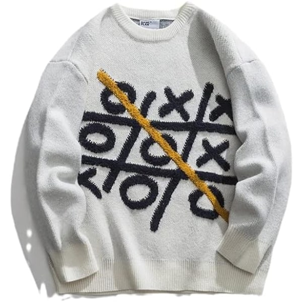 Funny Printed Men's Sweater Hip-Hop Street Knitwear Spring and Autumn Winter Round Neck Pullover Men Clothes White（Size：L）