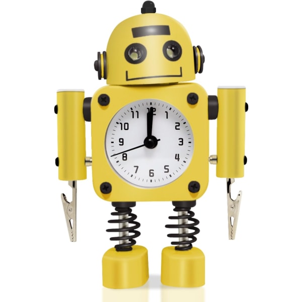 Non-Ticking Robot Alarm Clock Stainless Metal - Wake-up Clock with Flashing Eye Lights and Hand Clip (Yellow)